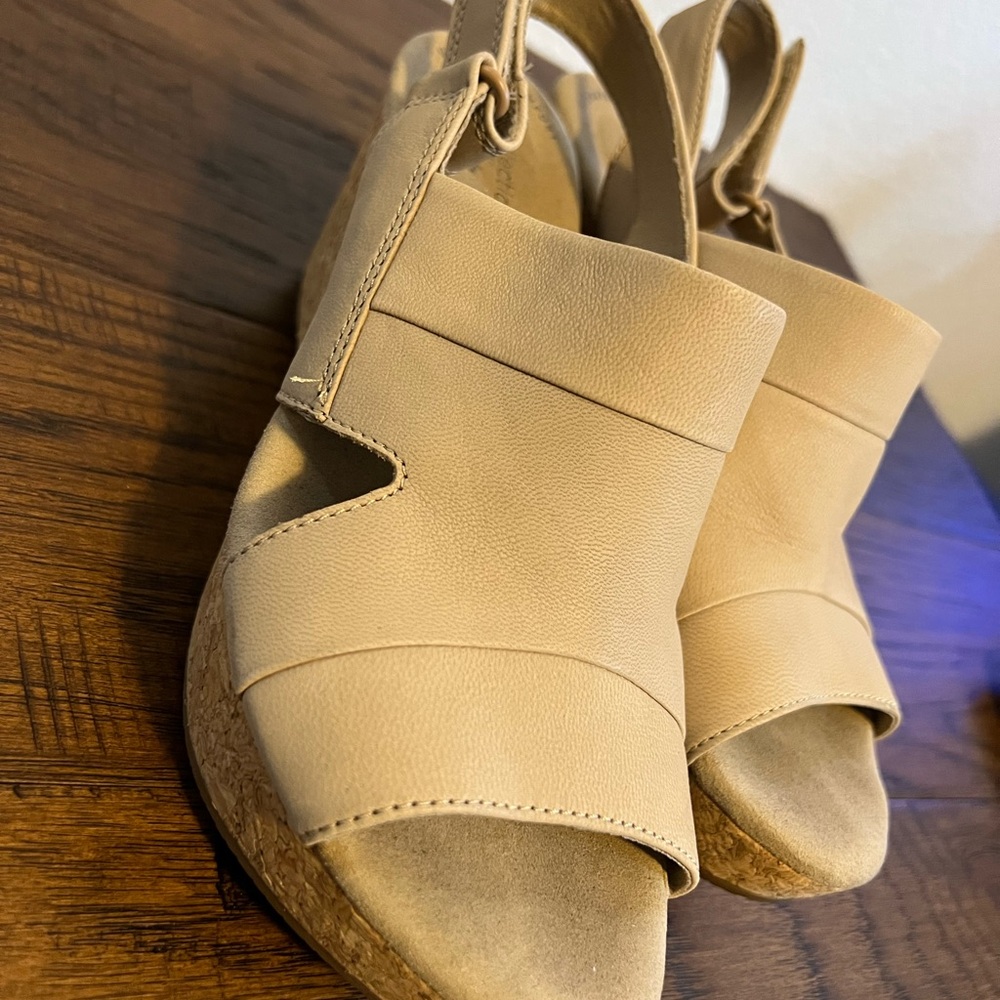 Clarks Tan Wedge Sandals with Ankle Straps